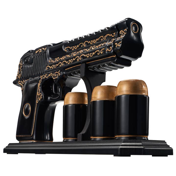 Hand Painted Pistol Whiskey Decanter - Black & Gold - 18OZ for wholesale by The Wine Savant / Khen Glassware