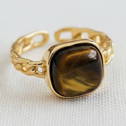Retro Geometric Tiger Eye Stone Adjustable Ring for wholesale by Ellemadera