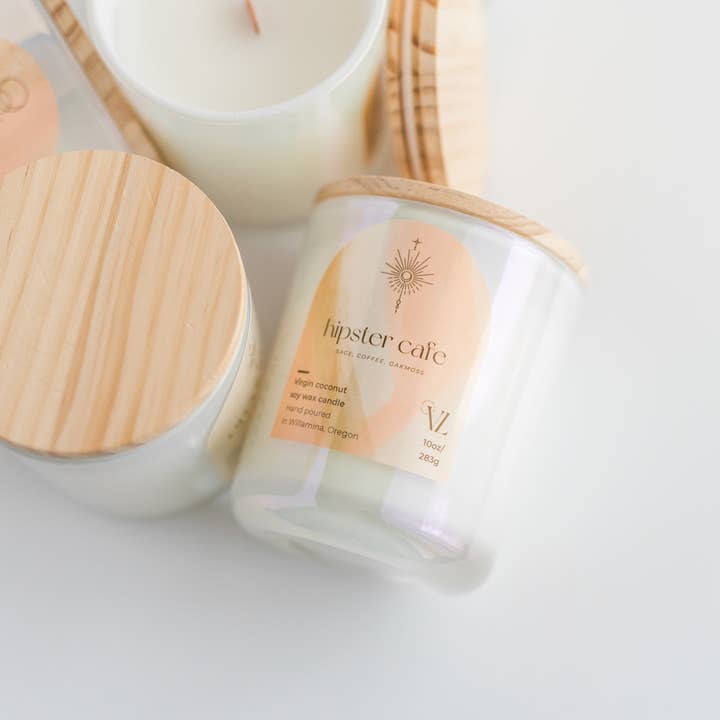 Hipster Cafe | masculine coffee shop scent wood wick candle for wholesale by Vincent Land Candle Co.