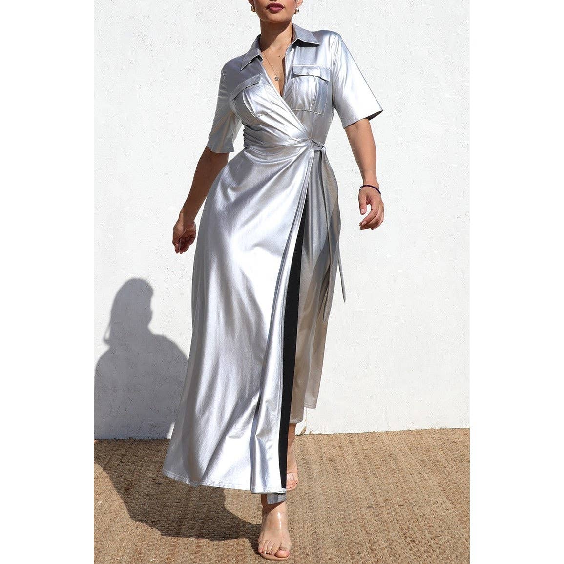 SILVER LUXE SHINE WRAP MAXI DRESS for wholesale on Faire1
