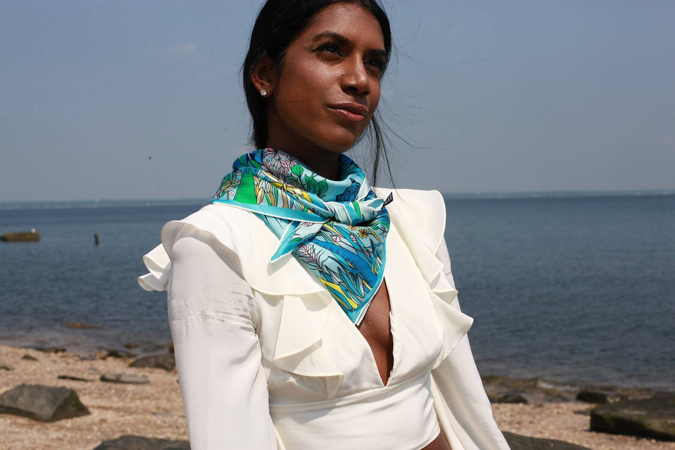 Jessie Zhao New York – wholesale Halsduk - Dam – Dubbelsidig silkescarf av blått djurrike3