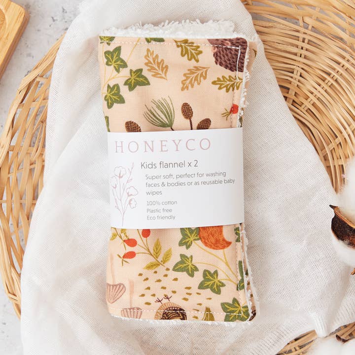 Reusable kids face cloths - woodland - ecofriendly flannels for wholesale by honeyco