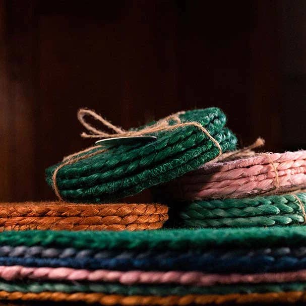 British Colour Standard North America - Wholesale Coasters - BRITISH COLOUR STANDARD - Silky Jute Coasters in Eau-de-Nil, Tied Set of 4, 4.7'' D2