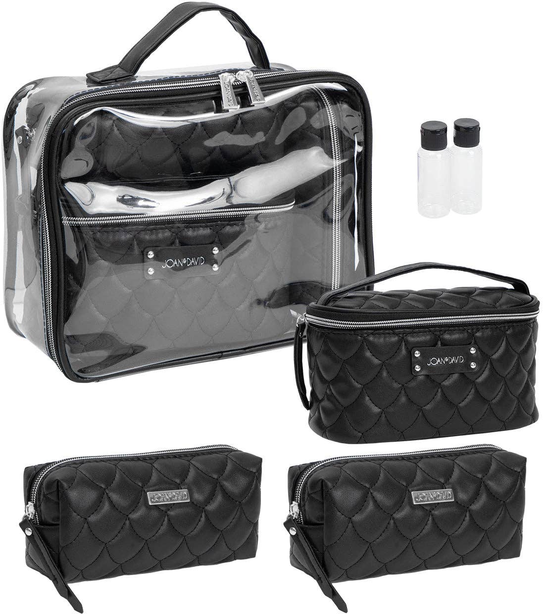 Magid - Wholesale Makeup/Cosmetic Bag - Joan & David Scallop Diamond Quilted Faux Leather 4-Piece Clear Cosmetic Bag Set