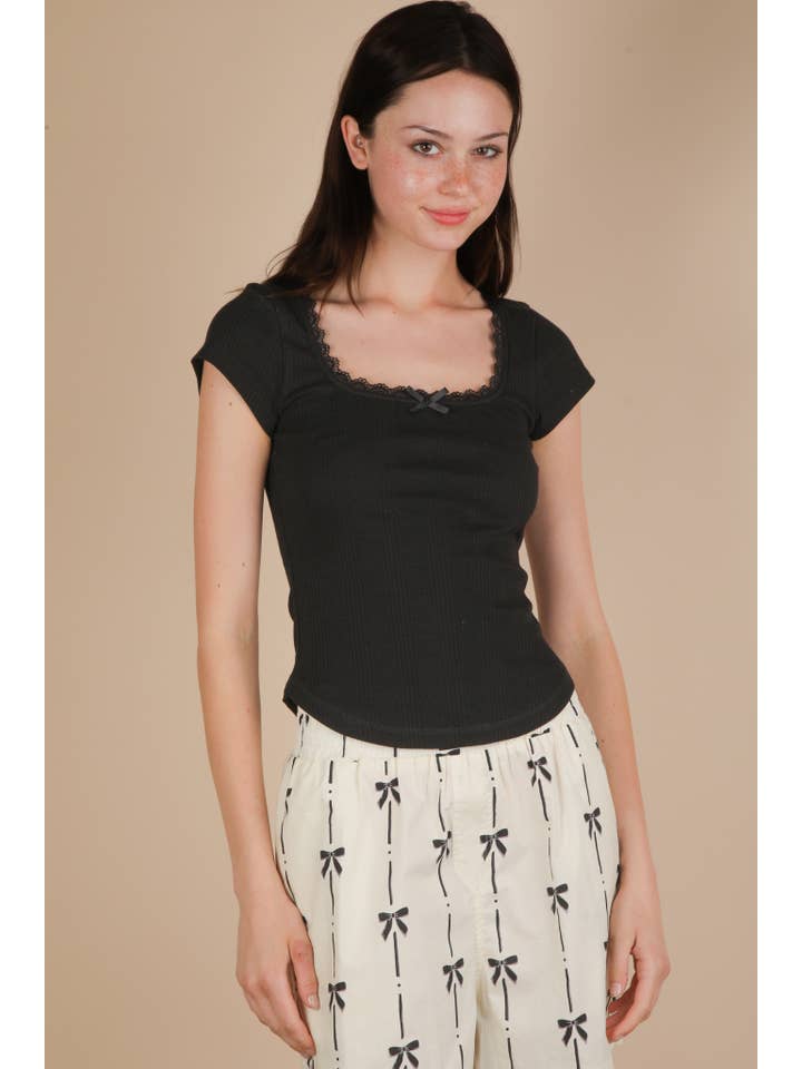 VERY J - Vente Haut en maille – femme - NT12169-Haut en maille côtelée avec dentelle et nœud1