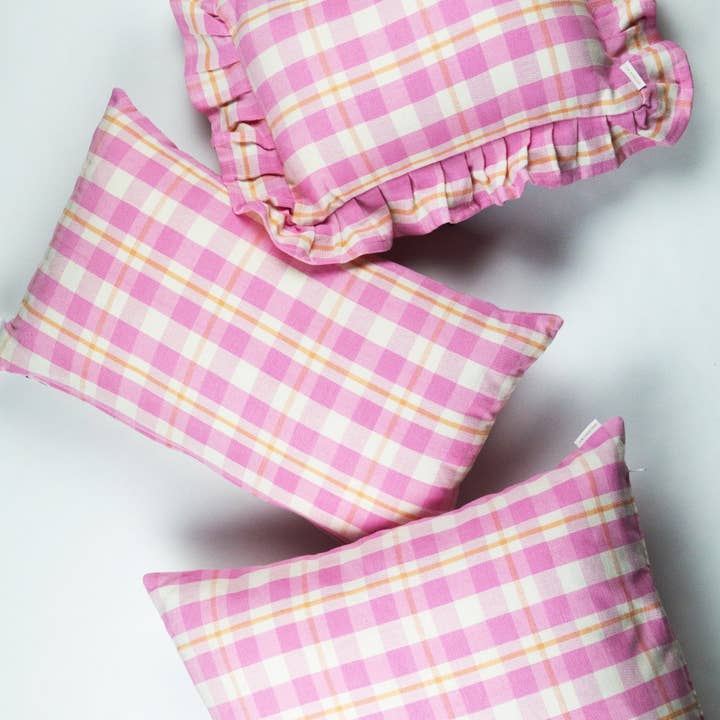 Archive NY Abigail Plaid Rectangle Pillow in Bubblegum for wholesale by Archive NY