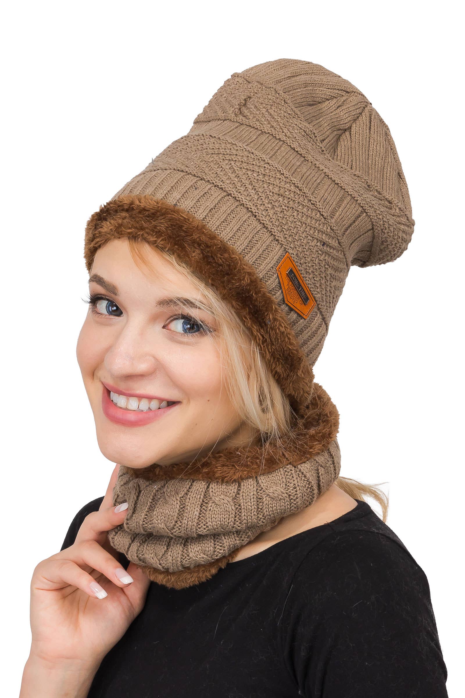 ASSORTED Earth Tone Cable Knitted Fur Beanie Scarf for wholesale on Faire11