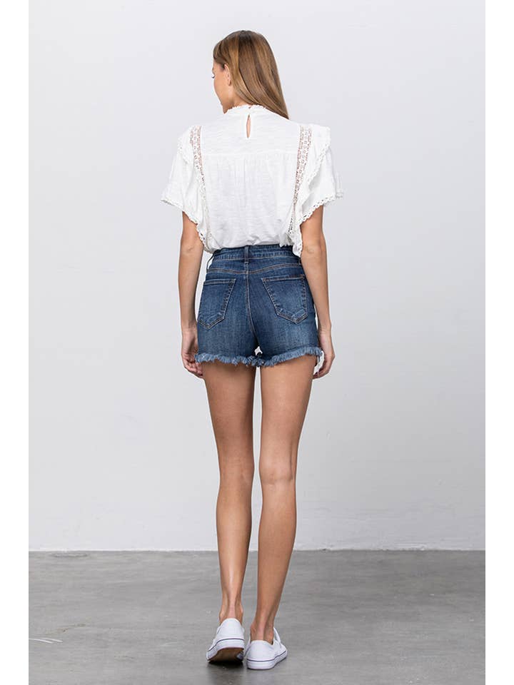 Insane Gene USA - Wholesale Shorts - Women's - High Rise Stretch Frayed Hem Lace Line Trim Denim Shorts
