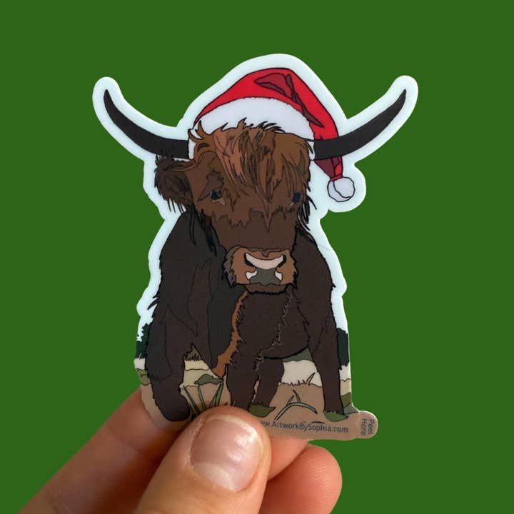 Artwork by Sophia - Wholesale Sticker - Highland Cow Holiday Sticker