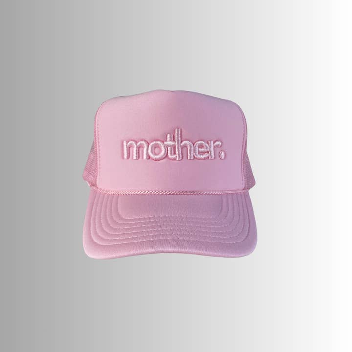 "mother." Embroidered Trucker Hat - Flamingo Pink for wholesale on Faire