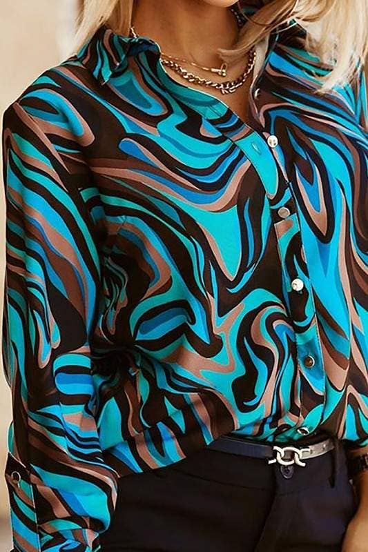 BLUE MULTI print long sleeve blouse for wholesale on Faire1