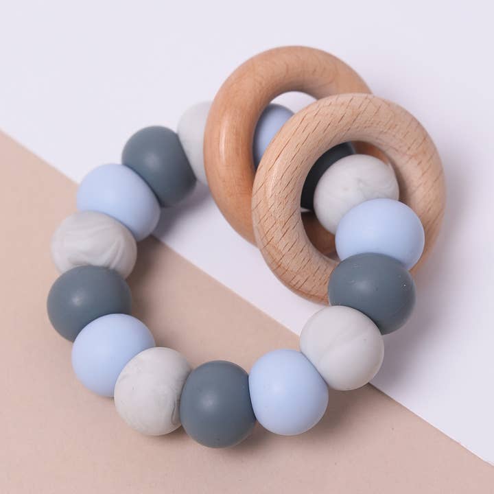Marble Grey Blue Mix Silicone and Beechwood Teether for wholesale by Pops and Dudes