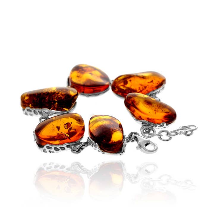 Bracelet à maillons unique exclusif en argent sterling 925 et véritable ambre baltique cognac - BT0207 pour la vente par SilverAmber Jewellery