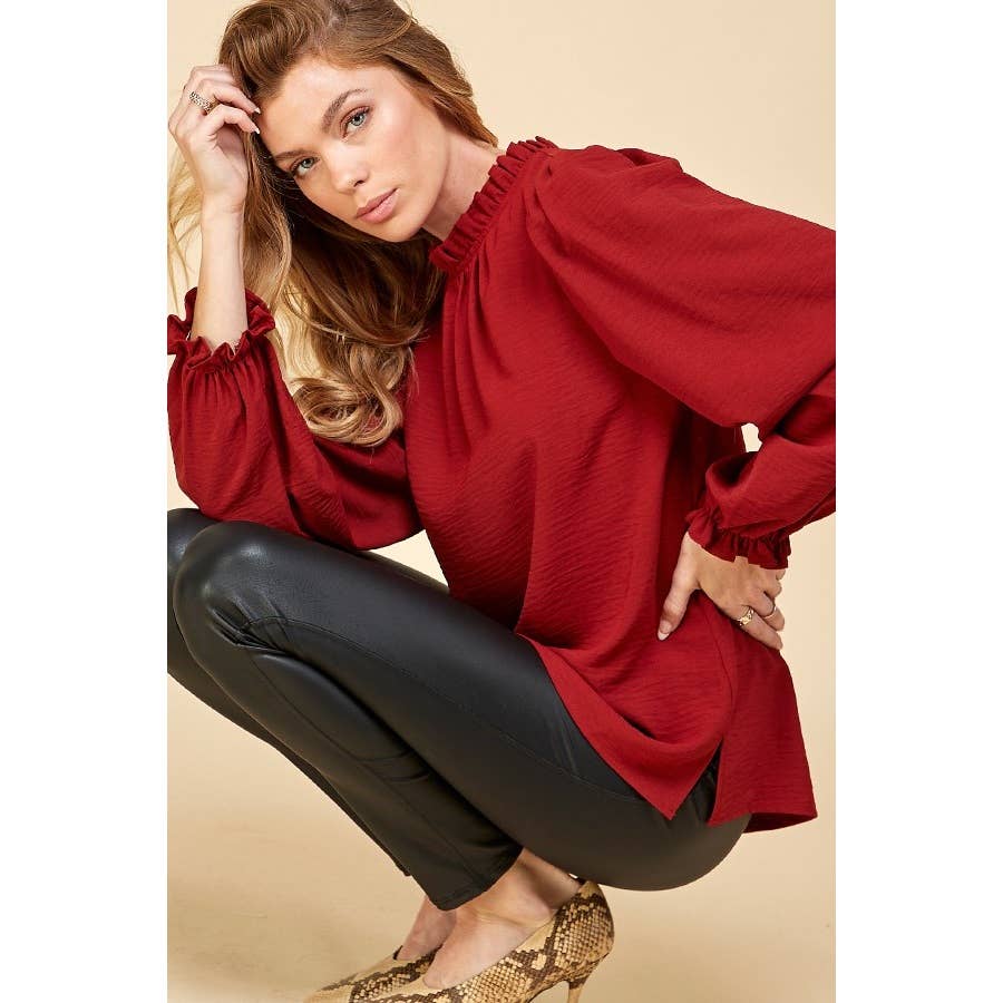 LIME N CHILI - Wholesale Blouse - Women's - Solid Ruffle Mock Neck Balloon Sleeve Blouse8