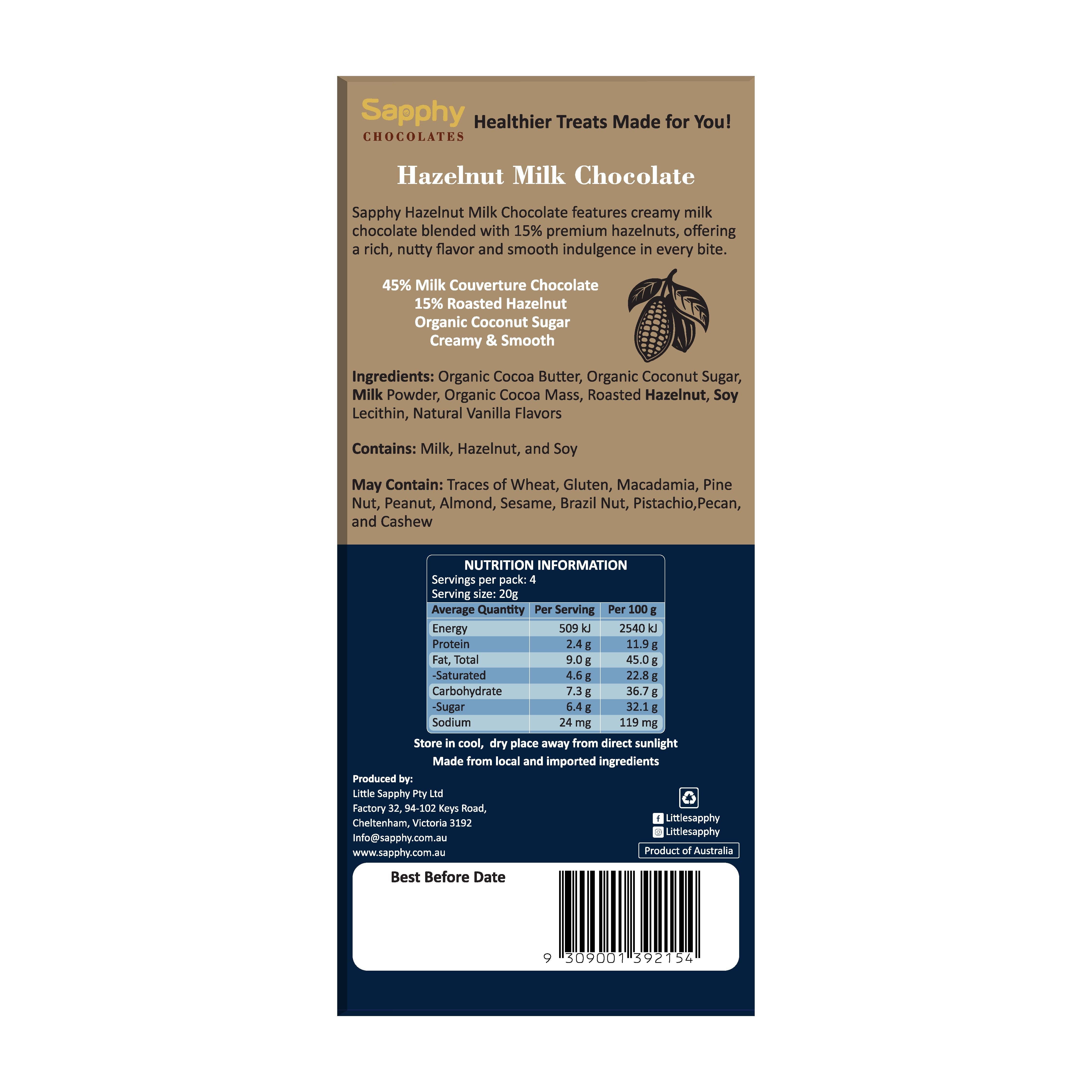 Sapphy – wholesale Chocolate bar – Sapphy Premium Hazelnut Milk Chocolate – 80g | Made with Coconut Sugar & Roasted Hazelnuts1