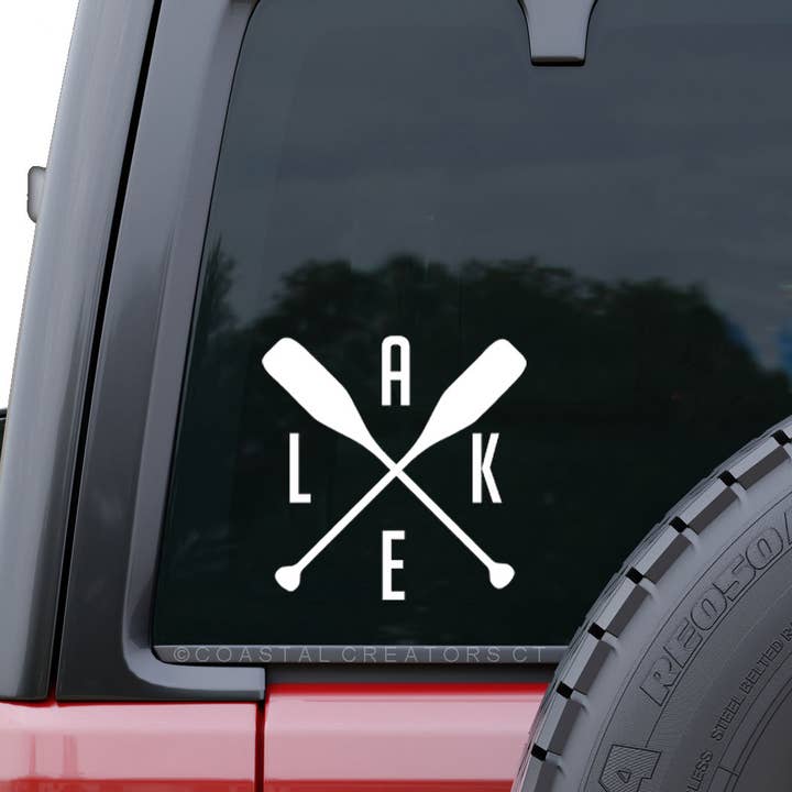 Lake with Paddles White Vinyl Car Window Sticker (Packaged) for wholesale by Coastal Creators of Connecticut