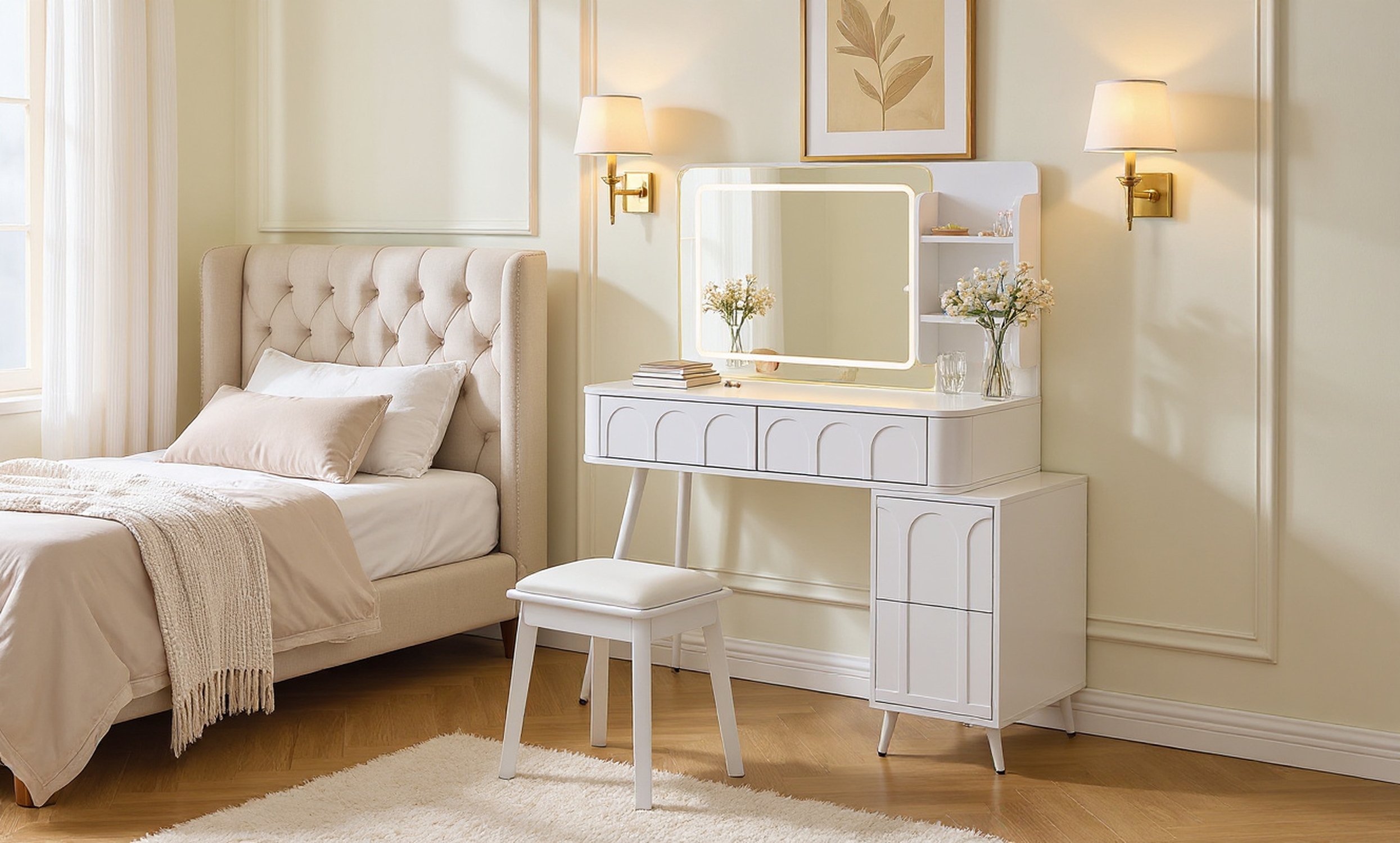 White Modern Makeup Vanity Desk with LED Lights & Mirror for wholesale on Faire3