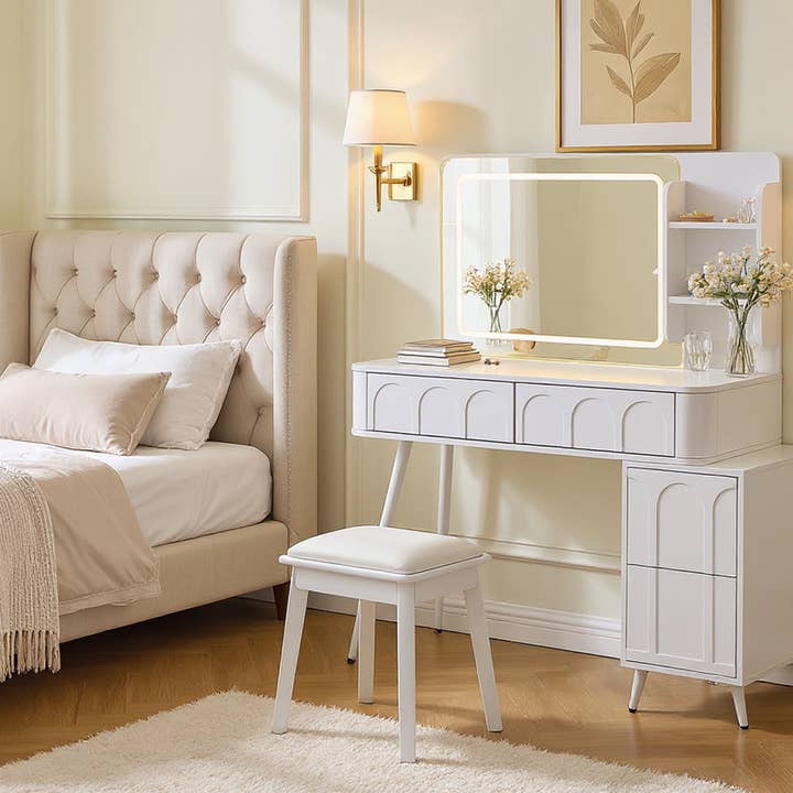 White Modern Makeup Vanity Desk with LED Lights & Mirror for wholesale on Faire3