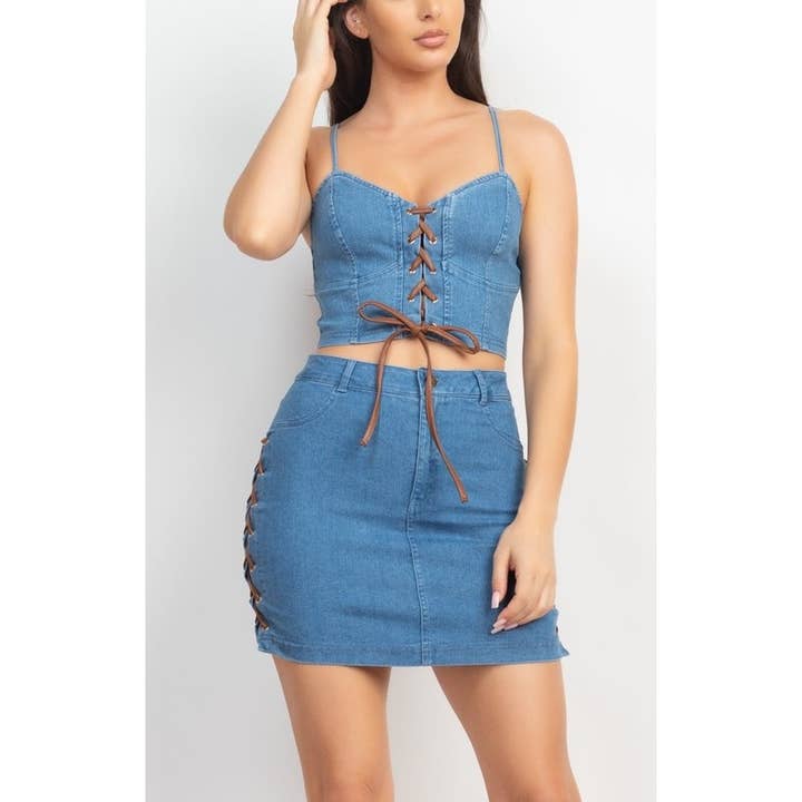 Conjunto Saia Race-Up Denim Crop Top e Saia Justa por atacado de Coloring You