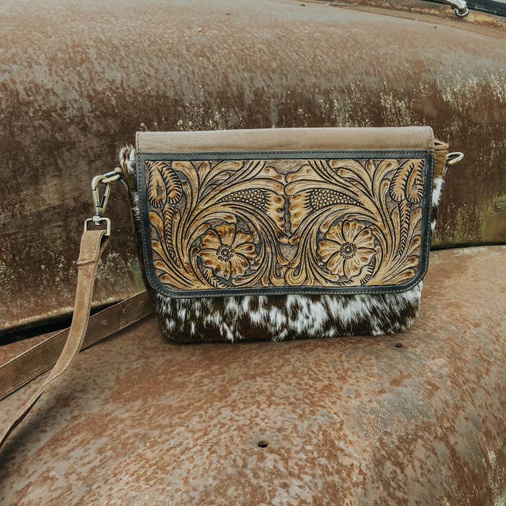 Del Rio Tooled Leather Womens Purse Crossbody with Cowhide for wholesale by Texas Western Cowhide Bags and More