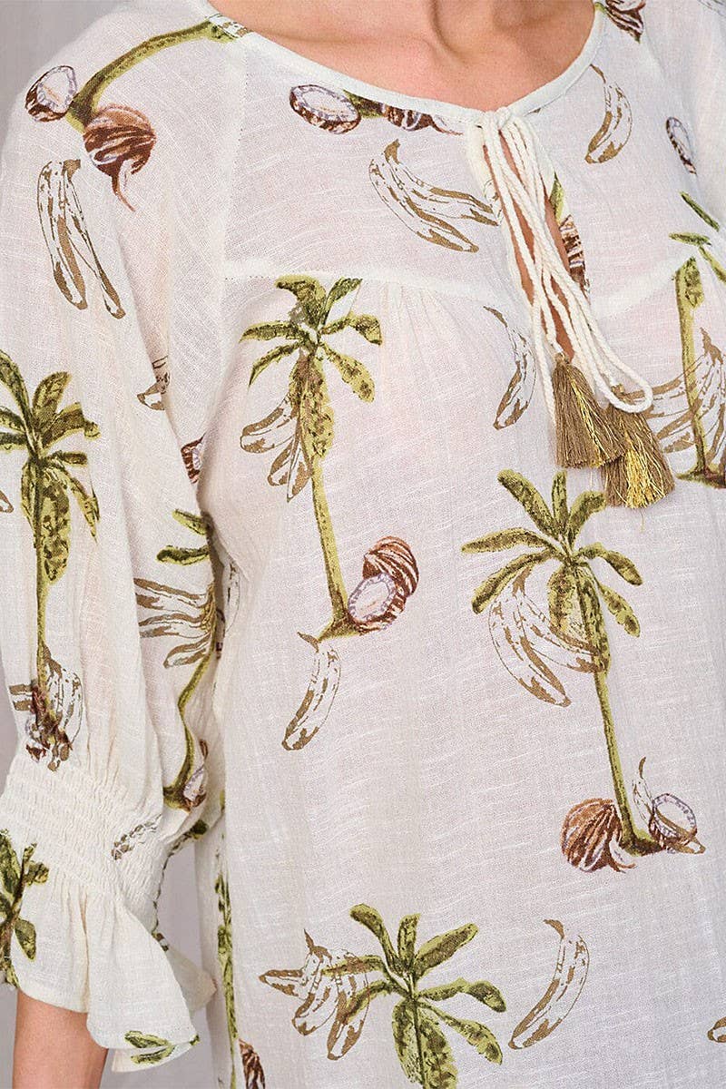 NATURALE ABITO TUNICA CON MANICHE A VOLANT E STAMPA TROPICALE in vendita all'ingrosso su Faire3