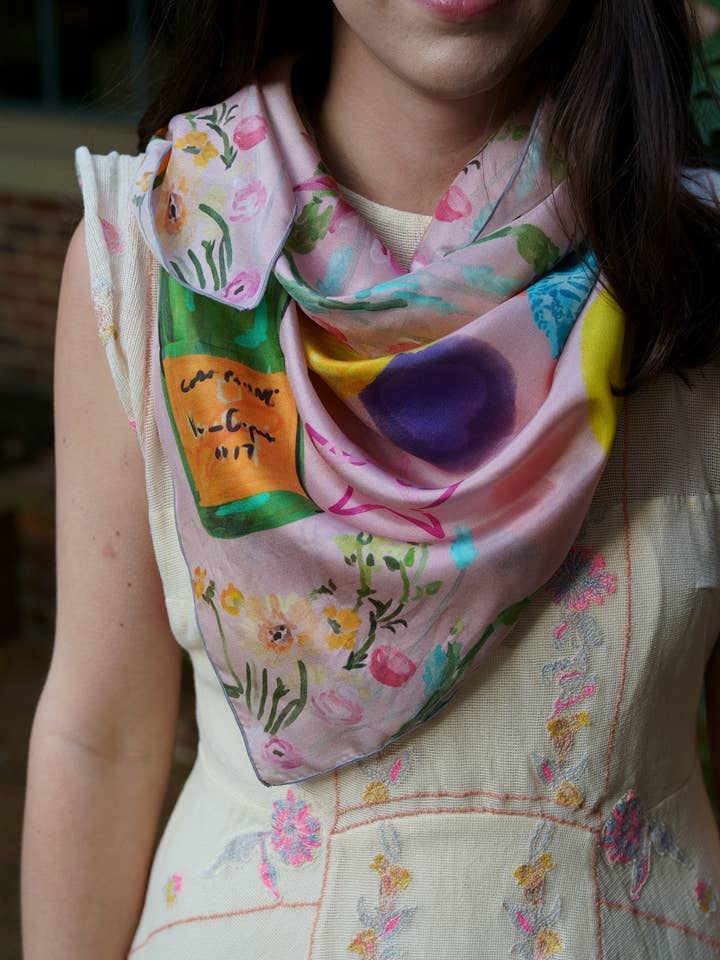 Scarf - "Flowers and Tigers and Bubbly! Oh My!" in Light Pink for wholesale by Dorothy Art