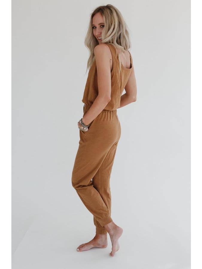 Ash Set to Go Textured Jumpsuit And Cardigan Set - Camel for wholesale on Faire