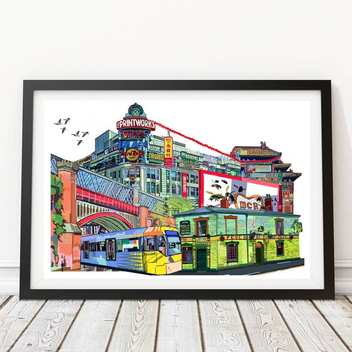 Manchester Skyline Collage Illustration Art Print for wholesale by Tomartacus