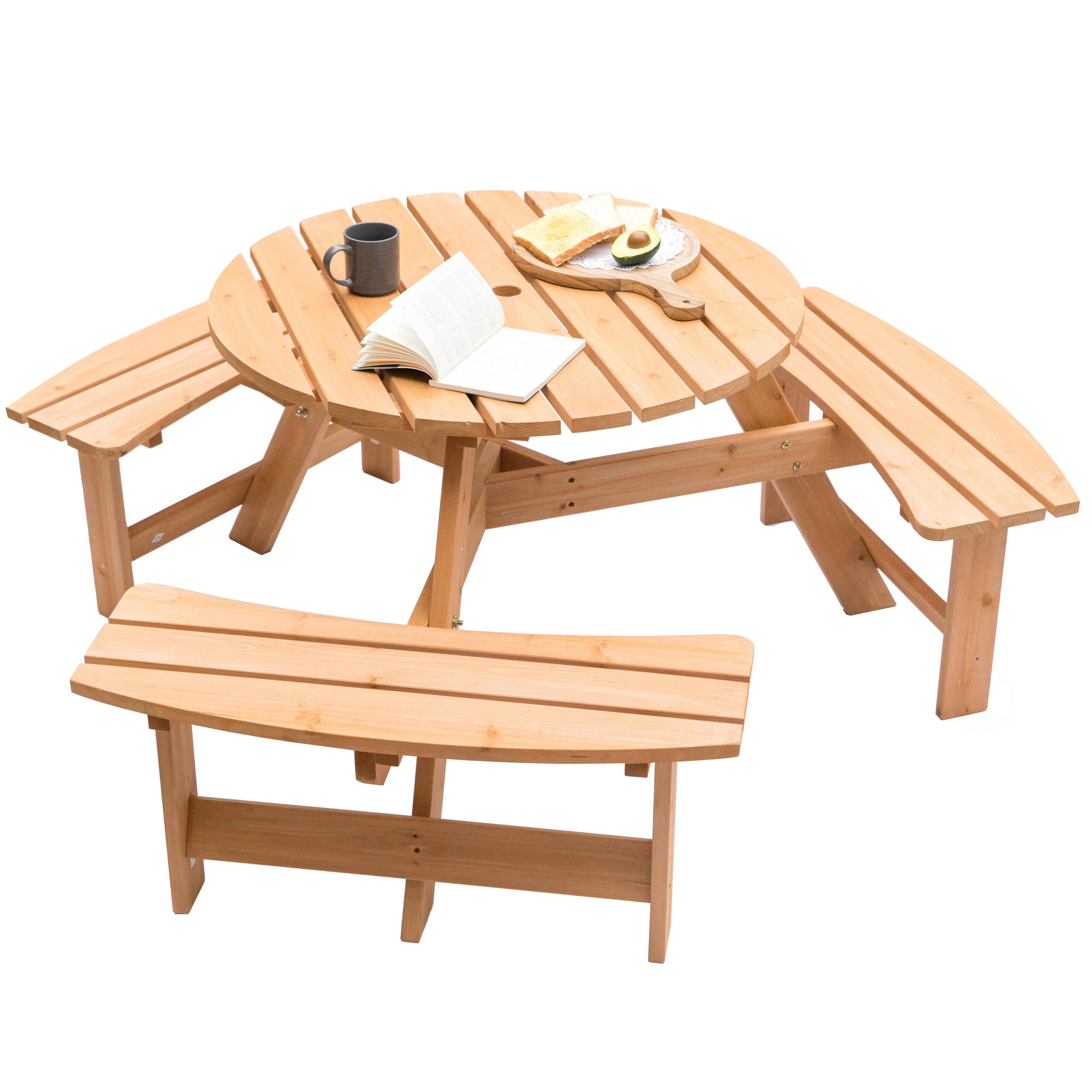Quickway Imports - Wholesale Patio Table - Wooden Round Picnic Table with Bench for Patio, 6- Person3
