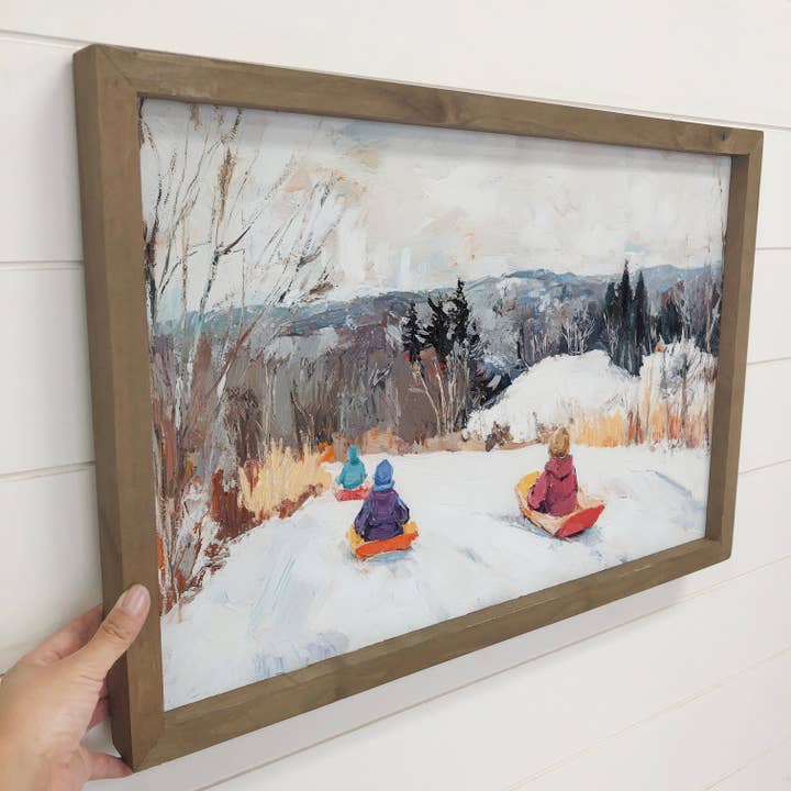 Hangout Home - Wholesale Art Print - Sledding Children - Mountain Cabin Canvas Art - Wood Framed3