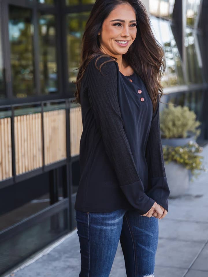 Tickled Teal - Wholesale Knit Top - Women's - Contrast Sleeve Button Knox Top13