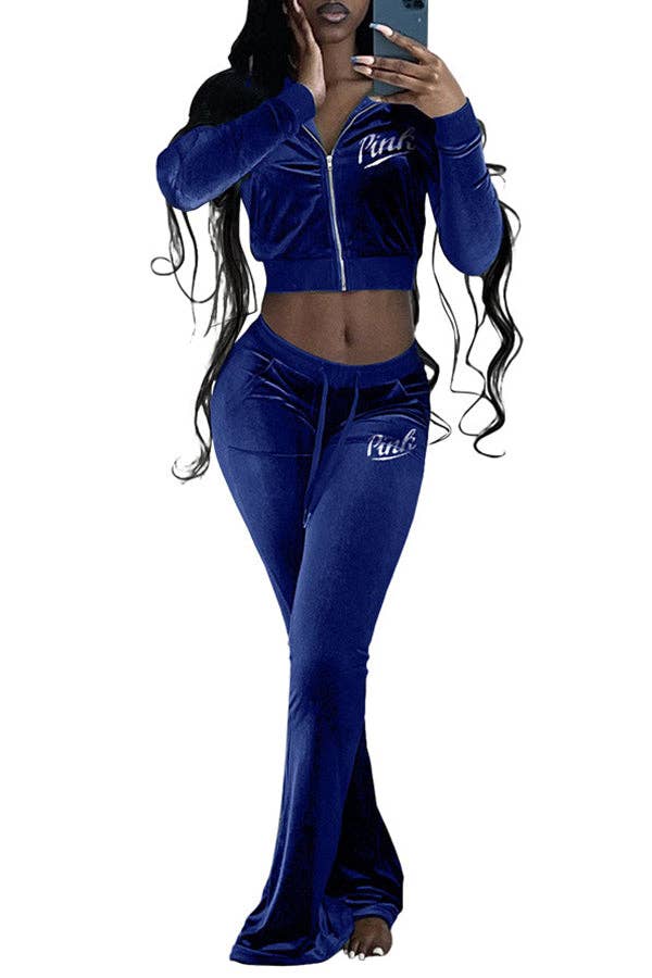 MB Fashion Wholesale - Wholesale Tracksuit - Women's - MB FASHION Velvet Zip-Up Jacket and Wide-Leg Pant Set 218R0