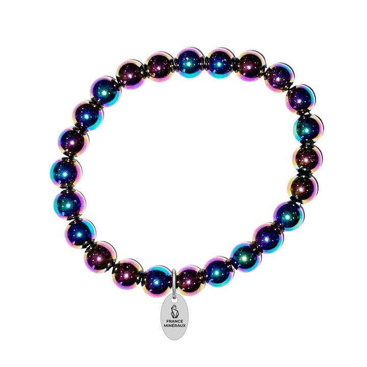 France Mineraux - Venta al por mayor Bolso muñequera - Pulsera de hematita arcoíris, piedras esféricas de 8 mm, 18 cm
