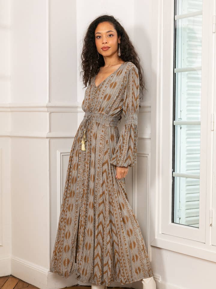 Vestido largo estampado con Lurex, abotonado, mangas globo para venta al por mayor de last queen