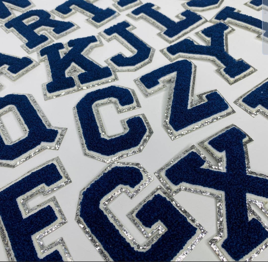 Navy Blue Chenille Iron On SILVER Glitter Letter Patches for wholesale on Faire0