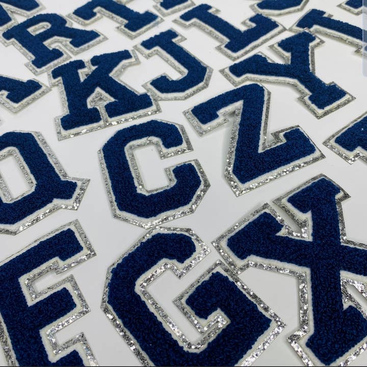 Navy Blue Chenille Iron On SILVER Glitter Letter Patches for wholesale on Faire