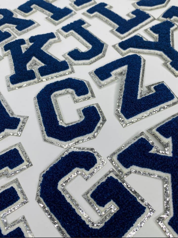 Navy Blue Chenille Iron On SILVER Glitter Letter Patches for wholesale by Scratch Decor