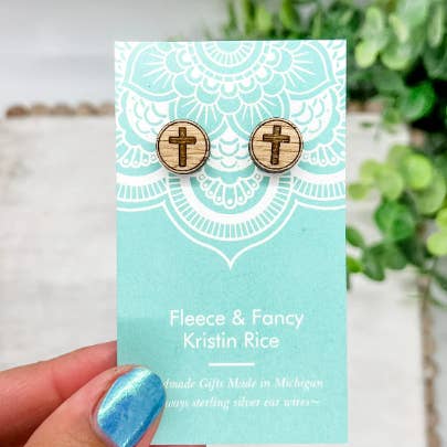Fleece & Fancy - Wholesale Stud/Post Earrings - Laser Cut Cross Wood Stud Earrings