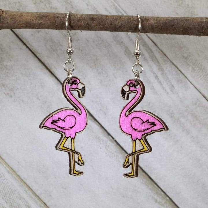 Standing Pink Flamingos Wooden Dangle Earrings for wholesale by Cates Concepts