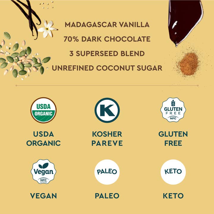 SEEDLY Foods - Vente Barre chocolatée - SEEDLY, quinoa croquant à la vanille, écorce de chocolat noir, 3,6 oz.4