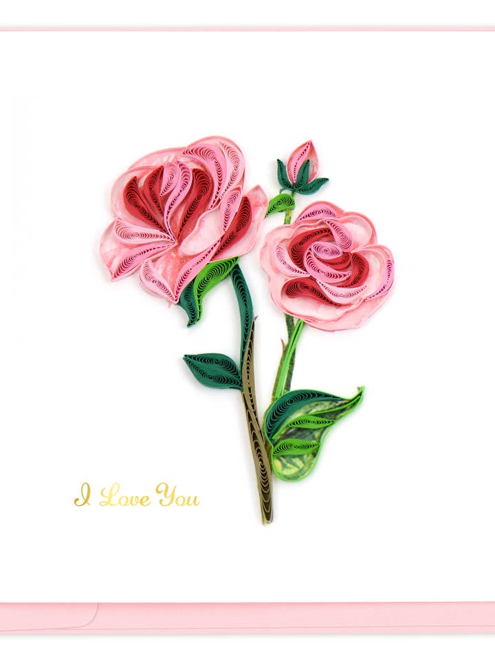 Carte de vœux roses roses à longue tige "Je t'aime" en quilling pour la vente par Quilling Card