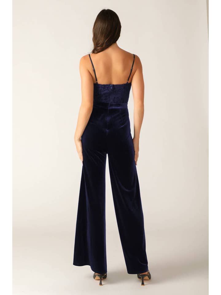 NAVY A woven lace and velvet jumpsuit - IP8665 for wholesale on Faire