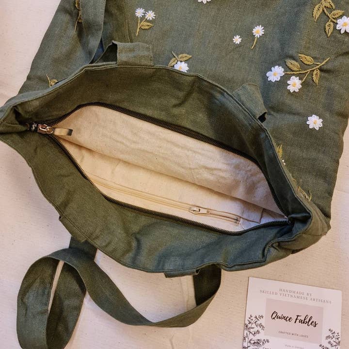 Quince Fables - Venta al por mayor Bolsa de asa- Mujer - Bolso de lino bordado con pequeñas margaritas✅3