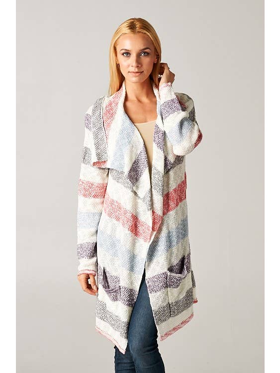 Lovestitch - Wholesale Cardigan - Women's - Striped Marled Knit Cardigan Sweater