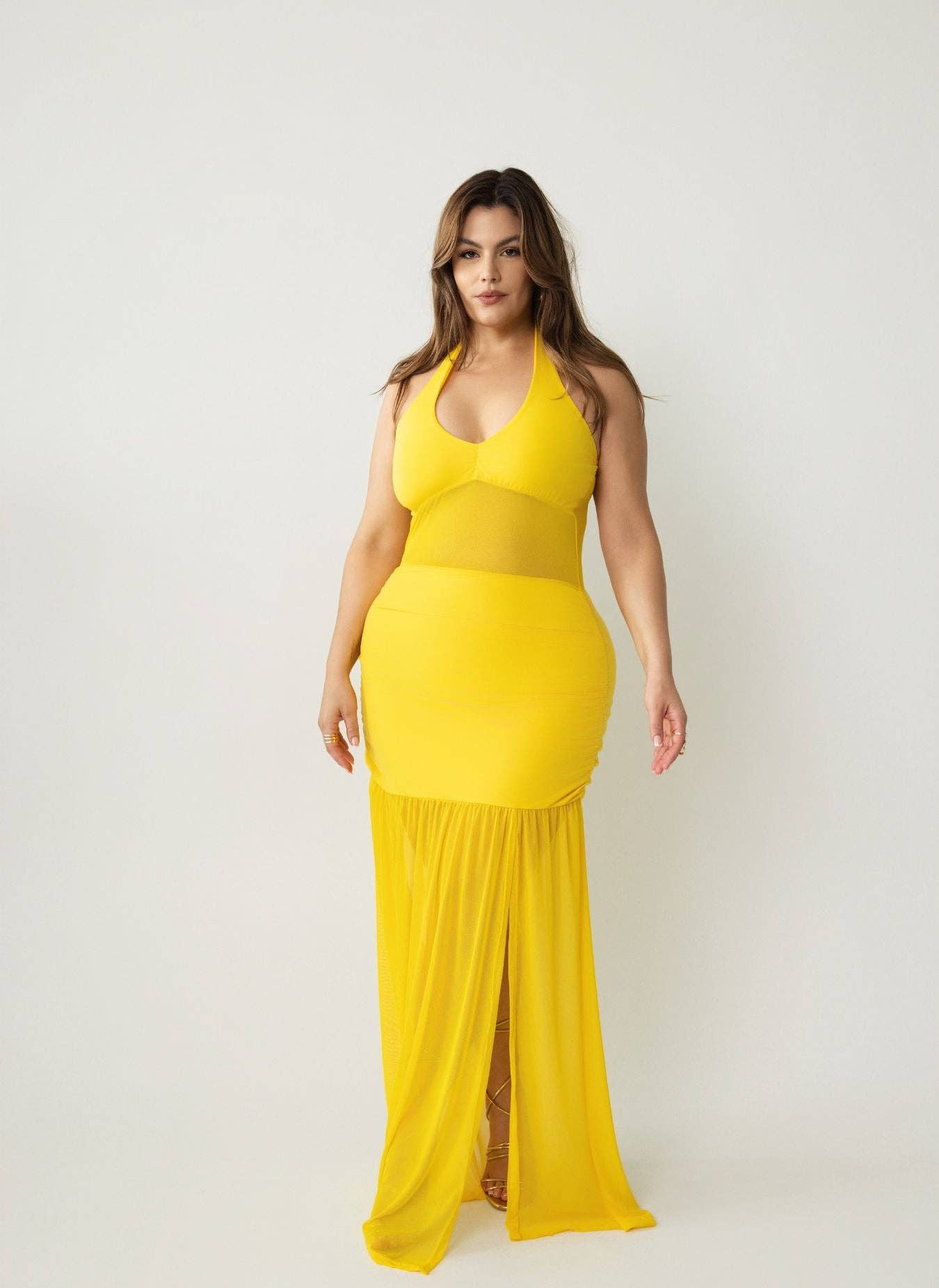Yellow Malia Halter Mesh Ruched Maxi Dress for wholesale on Faire1