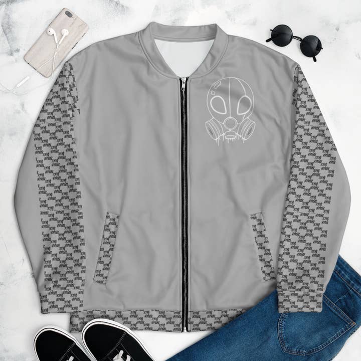Skull king Unisex Grey Bomber Jacket for wholesale by ETHANOL TEARS LTD