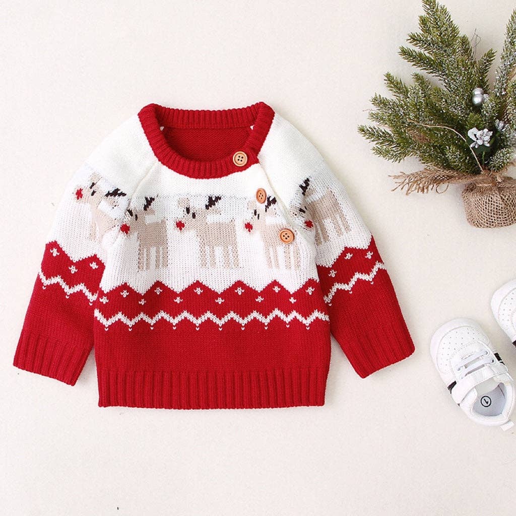MyKids-USA® - Wholesale Knit Sweater - Baby - Baby Cartoon Christmas Deer Pattern Shoulder Button Design Knitted Pullover Sweater4
