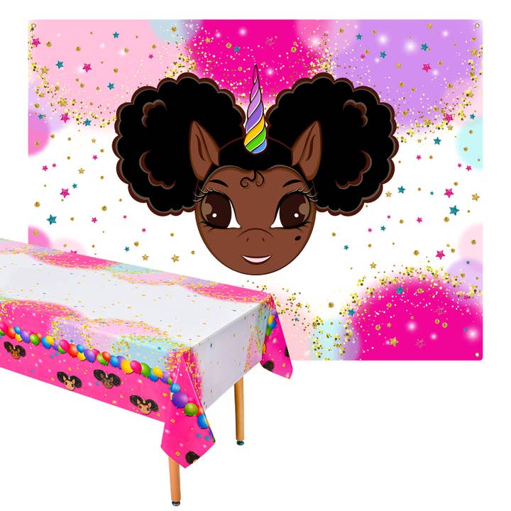Favorite Faces Afro Puff Unicorn Birthday Party Tablecloth and Backdrop - 2 Piece Set for wholesale by YOUnicorn Kidz