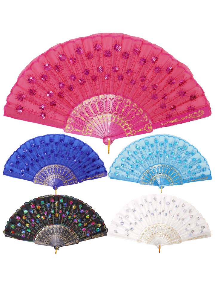 Floral Sequins Monochrome Hand-held Folding Fan for wholesale by Cap Zone