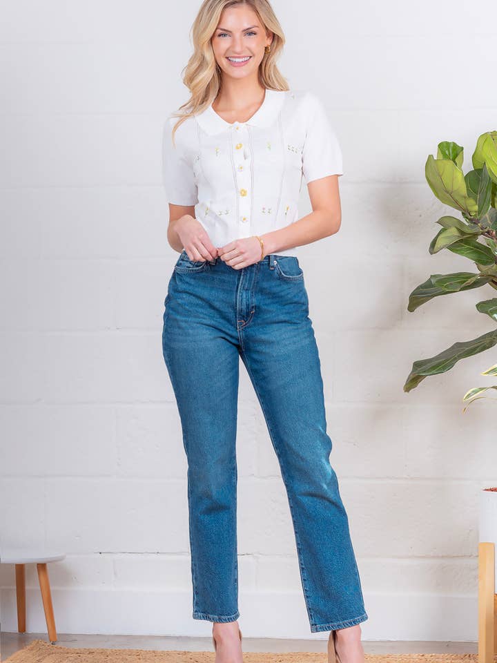 WHITE MULTI ZWT65044T-Front button shorts slv knit top for wholesale on Faire2